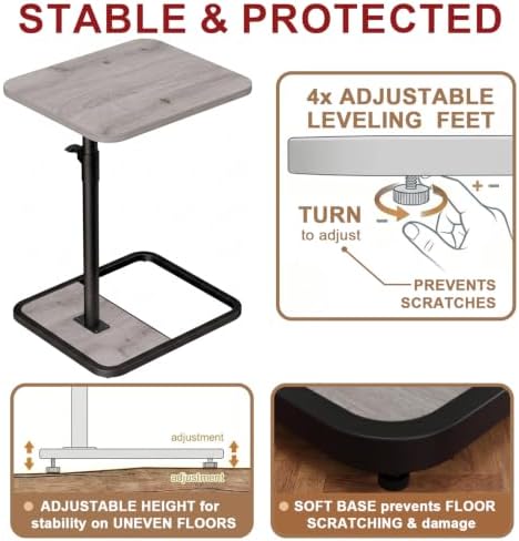 GOYLSER Large C Shaped End Table for Couch, Height Adjustable Living Room Rotating Couch Tray Tables Sofa Table Tv Trays for Bedroom, Swivel Wooden Side Table for Small Space, Grey - Image 3