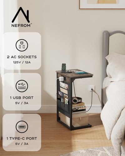 C-Shaped End Table with Fast-Charging Station, Small Couch Side Table with Storage Bag, Sofa TV Tray Table for Living Room, Bedroom, Bedside ET-GY-W1 - Image 4