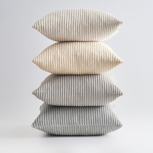 Topfinel 4 Packs Neutral Decorative Throw Pillows Covers 12x12 Inch for Living Room Couch Bed Sofa, Rustic Farmhouse Boho Neutral Home Decor, Soft Plush Striped Corduroy Square Cushion Case 30x30 cm - Image 5