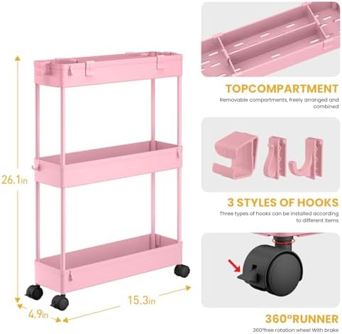 SPACELEAD Slim Storage Cart 3 Tier,Bathroom Organizer Rolling Utility,Mobile Shelving Unit Slide Out for Office, Kitchen, Laundry Room & Narrow Places,Pink - Image 3