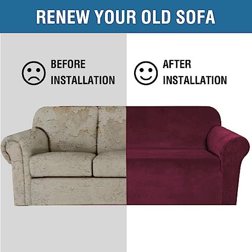 H.VERSAILTEX Stretch Velvet Sofa Covers Large Couch Covers Sofa Slipcovers Furniture Protector Soft with Non Slip Elastic Bottom, Feature Thick Comfy Rich Velour (Extra Wide Sofa 98"-105", Burgundy) - Image 6
