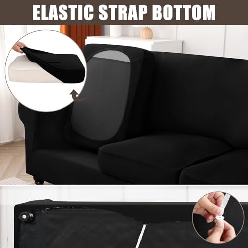 SearchI Stretch Sofa Cover Couch Covers, 2 Piece Armchair Slipcover with Separate Chair Cushion Cover, Washable Furniture Protector for Living Room(Armchair, Black) - Image 4