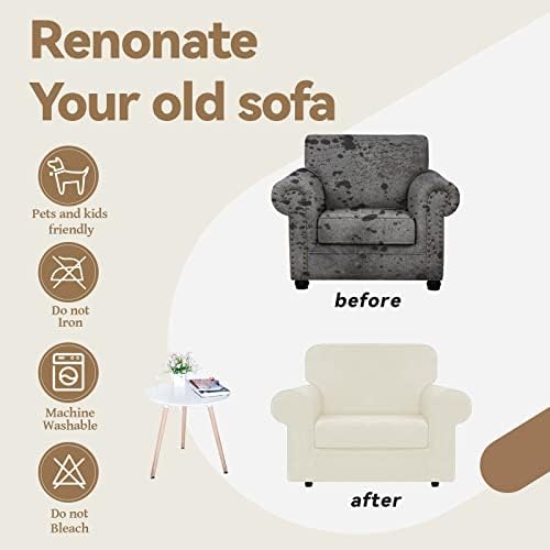 WEERRW Stretch Chair Sofa Slipcover - 2 Pieces Luxury Soft Plush Couch Cover Furniture Protector with Elastic Bottom for Pets, Machine Washable, Ivory, Small - Image 5