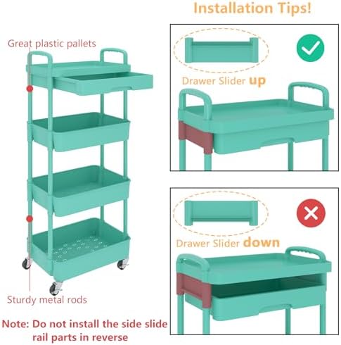 Calmootey 4-Tier Utility Cart with Drawer & Wheels, Storage for Home,Office - Image 6