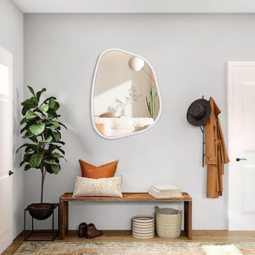 Irregular Oval Wall Mirror Large White 20"x16" Inches Asymmetrical Mirror Modern Wood Frame Unique Shape Wall Mounted Vanity Artistic Mirror Decor for Living Room Bedroom Bathroom Entryway - Image 5
