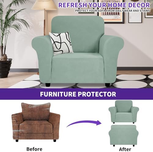 ZNSAYOTX Super Stretch Chair Slipcover (30"-47"), New Striped Sofa Chair Covers for Living Room, Dogs Pet Friendly Anti-Slip Chair Protector Spandex Armchair Slipcovers (Pea Green, Chair) - Image 2