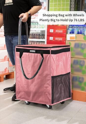 (Medium,Pink) Reusable Grocery Bag on Wheels, 70L Foldable Rolling Tote,Extra Storage for Shopping, Zipper Clouser Shopping Carts for Groceries,Trips, Laundry, Moving,4 Heavy Duty Wheels - Image 3