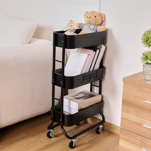 MAX Houser Slim 3-Tier Rolling Utility Cart with Extra Hook, Black - Image 3