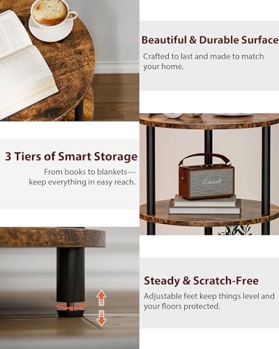 XBurmo Small Round Coffee Table - 3 Tier Design Accent Table, Narrow Side or Bedside Stand, Industrial Vintage Nightstand for Bedroom, Living Room, or Small Spaces, Rustic Brown - Image 4