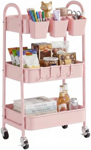 danpinera 3-Tier Rolling Cart, Utility Cart Mobile Metal Rolling Storage Cart with Lockable Wheels & Hanging Cups & Hooks for Kitchen, Bathroom, Office, Workshop, Pink by danpinera