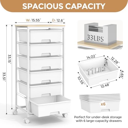 6 Drawer Rolling Storage Cart with Wooden Top and Wheels for Crafts,White - Image 3