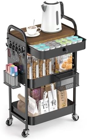 ALVOROG 3 Tier Metal Rolling Cart with Drawer,Wood Top,Pegboards,Black by ALVOROG