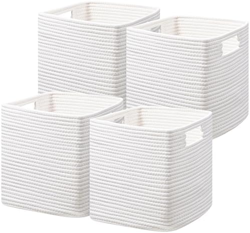 UBBCARE Set of 4 Cotton Rope Basket 13 X 13 X 13 Inches, Woven Storage Baskets for Shelves, Organizing with Handles, Cube Storage Bins for Storage Books, Magazines, White by UBBCARE