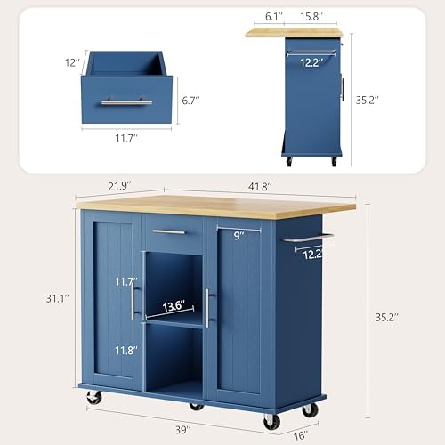 Shintenchi Kitchen Island with Storage, Bar Cart Cabinet Island Table on Wheels, Rolling Microwave Cart for Kitchen with Drop Leaf, Drawers, Towel Rack, Seating Area for Dining Room, Blue - Image 3