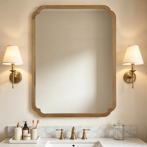 WallBeyond 36" x 48" Wood Bathroom Mirror for Wall Mounted, Rustic Rounded Corner Wood Frame Wall Mirror for Entryway, Living Room or Bedroom Home Decorative, Natural by WallBeyond