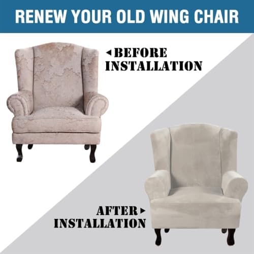 H.VERSAILTEX Wingback Chair Covers Velvet Plush Wing Chair Slipcover 1 Piece High Stretch Wing Back Chair Slipcovers Sofa Cover Furniture Cover with Elastic Bottom, Oatmeal - Image 7