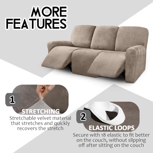 ULTICOR Velvet 8-Pieces Recliner Sofa Covers Stretch Reclining Couch Covers for 3 Cushion Reclining Sofa Slipcovers Furniture Covers Thick Soft Washable (3 Seater Recliner Cover, Taupe) - Image 4