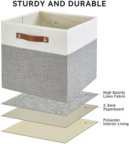 Bagnizer 13x15x13 Storage Cube Bins, Foldable Storage Organizer Baskets, Fabric Cube Storage Boxes with 2 Reinforced PU Handles for Kallax, Shelves, Living Room | 4 Pack, Gray & White - Image 5