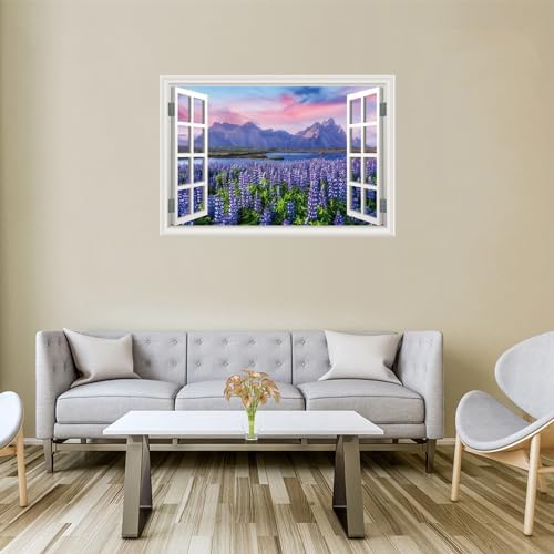 Fake Window Wall Decal- Mountain Lake Lavender Flower Open Wall Art Sticker | Faux Window Natural Scenery Landscape Mural｜Stick and Peel Wall Decals｜for Home Room Bedroom Office Scene Decor｜24"x16" - Image 6