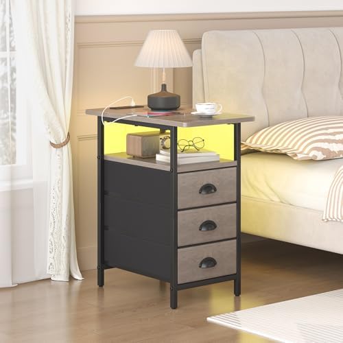 sthmec End Table with Charging Station,LED Side Tables with USB Ports and Outlets,Narrow Nightstands Bedside Tables with 3 Drawers for Small Space,Slim Sofa Table for Livingroom,Grey - Image 7