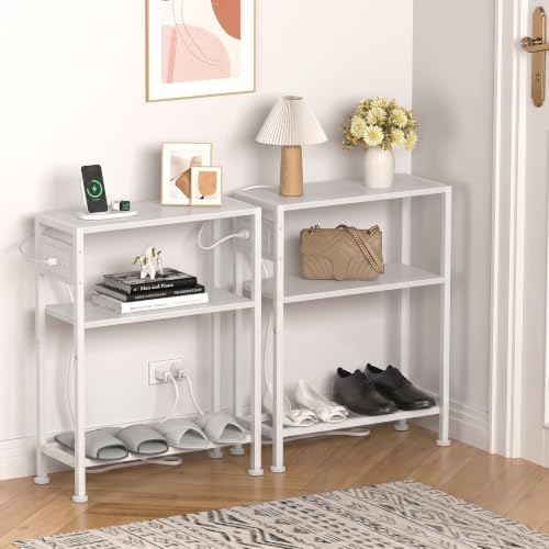 Small Narrow Side Table with Charging Station, Skinny End Table for Small Spaces, Slim Nightstand with Outlets, Sofa Bedside Table in Living Room, Bedroom, Study, Kitchen and Balcony, White - Image 4