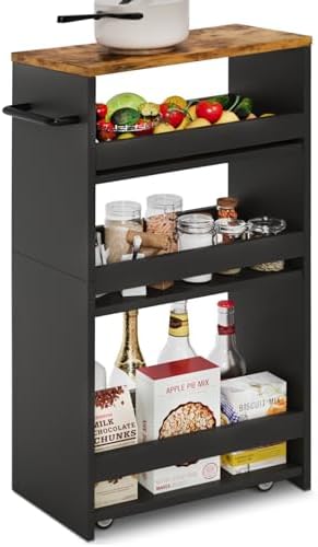 TEAMIX Slim Rolling Storage Cart, Wood 4-Tier Narrow Kitchen/Laundry Cart by TEAMIX