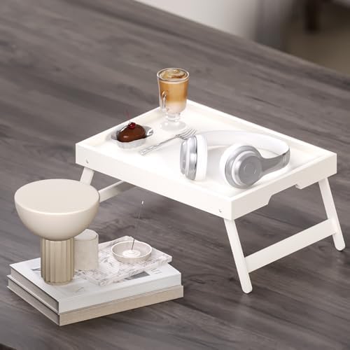 Fibogollo 2 Pack Bamboo Bed Tray Table with Folding Legs,Breakfast Trays,Serving Tray for Food and Snack,Laptop Trays for Working(White) - Image 3