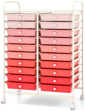 Giantex 20 Drawers Rolling Cart, Mobile Storage Drawer Cart, Classroom Organizer Cart for Office School Supplies Teacher Tools Paper Craft Small Printer, Utility Cart on Wheels, Gradient Pink - Image 4