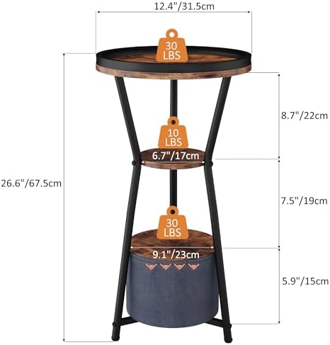 Yusong Round Side Table, Small Drink Table for Small Spaces, 3-Tier Industrial End Table, Accent Nightstand Bedside Table for Living Room, Bedroom, Sofa Couch, Rustic Brown - Image 2