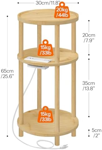 HOOBRO Set of 2 Small Round Side Tables with Charging Station, 3-Tier Round Bamboo End Tables, Easy Assembly, for Living Room, Bedroom, Apartment, Natural YL152UBZP201 - Image 3