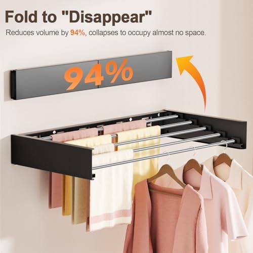 Wall Mounted Clothes Drying Rack Folding Indoor, Foldable Laundry Drying Rack Collapsible,Invisible, Space Saving, Retractable Towel Drying Rack, with Wall Template(6 Drying Rods, Black 40") - Image 4