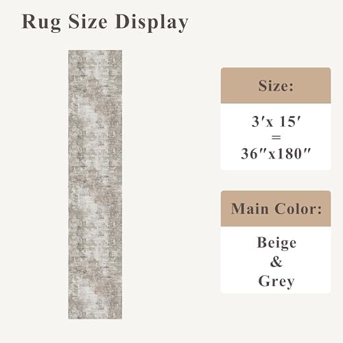 3x15 Ft Long Hallway Runner Rug - Non-Slip Washable Kitchen Runner Rug with Rubber Backing | Modern Abstract Wide Floor Carpet Runner for Indoor Entryway, Bedroom, Living Room (Beige, Grey) - Image 2