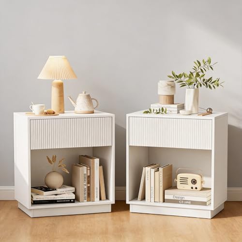 Fluted Nightstands Set of 2, Modern Bedside Table with Drawer and Storage Shelf, Wood End Table Mid Century Night Stands for Bedroom Living Room Sofa Couch Office (White) by INNODToddlerTower