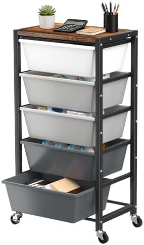 Rolling Cart with 5 Drawers, Plastic Drawer Storage Carts with Wheels & Wooden Tabletop, Metal Utility Cart for Office Bedroom Living Room Classroom, Craft Organization and Storage, Grey by TimeForest
