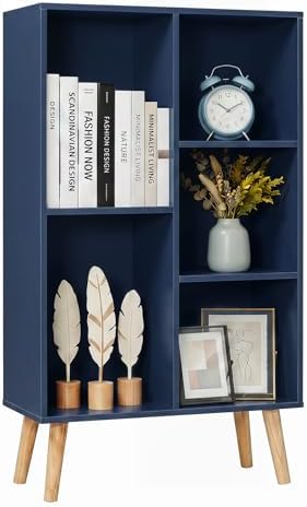 YAHARBO Small Dark Blue Bookshelf,3 Tier Modern Kids Bookcase with Legs,5 Cube Wooden Bookshelves Storage Shelf,Book Shelves Organizer,Display Bookcases Cabinet for Room Nursery Study by YAHARBO