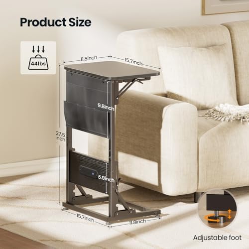 HLDIRECT C Shaped End Table with Charging Station & Storage Bag Black - Image 3