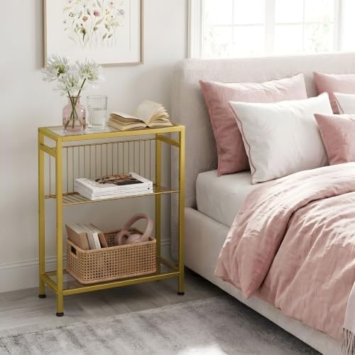 Glass Side Table, Tempered Glass End Table, 3-Tier Narrow Side Table with Magazine Holder, Small Nightstand with Modern Style, Skinny Snack Table in Living Room, Bedroom Study and Balcony, Gold - Image 5