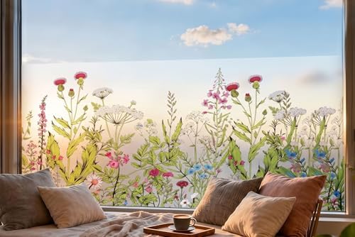 Static Cling Window Privacy Film, 78" x 17" Frosted Glass Covering with Wildflower & Botanical Patterns, Removable No Glue Window Film for Home Bathroom Bedroom Office (Wildflower) - Image 5