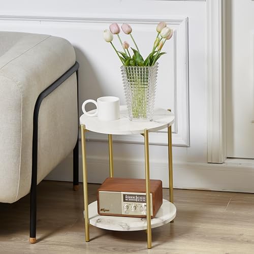Gawicpy 2 Tier Round Side Table, Folding End Tables Coffee Table Simplistic Sofa Table Waterproof Removable Tray Table Indoor Outdoor Accent Table for Living Room Bedroom (Faux Marble White, 1pcs) - Image 6