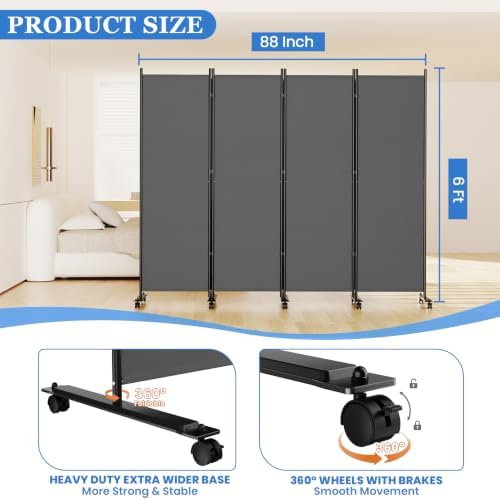 SUNALLY Room Divider Privacy Screens, 4 Panels Dividers with Wheels, Grey - Image 2