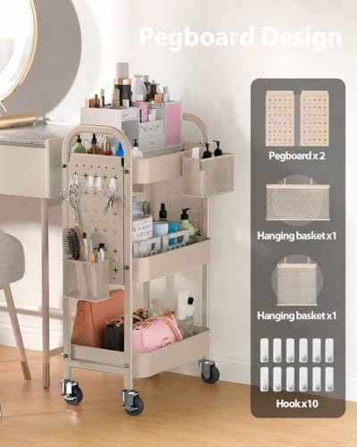 ALVOROG 3 Tier Metal Rolling Utility Cart with Pegboards,Baskets,Hook,Khaki - Image 2