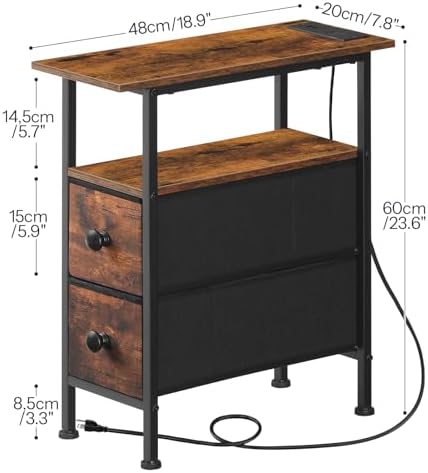 HOOBRO End Table with Charging Station, Narrow Side Table with 2 Fabric Drawers, Skinny Nightstand with Storage, Slim Bedside Table for Living Room, Small Spaces, Rustic Brown and Black BF487UBZ01 - Image 3