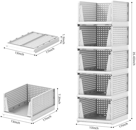 5 Packs Stackable Plastic Storage Basket for Closet Foldable Closet Organizers and Storage Bins for Shelves Storage Drawer Container for Clothes, Wardrobe, Pantry, 5L - Image 5