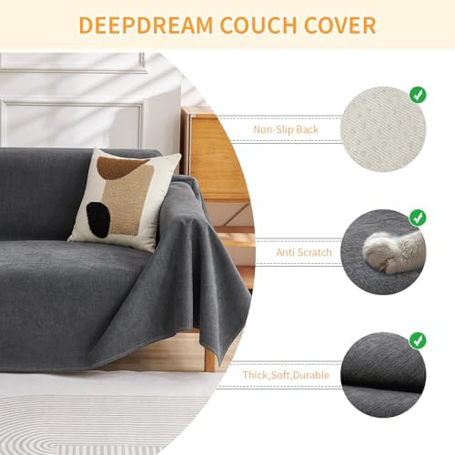Deep Dream Cat-Scratch Resistant Couch Cover, Waterproof Sofa Cover for 3 Cushion Couch Washable, Pet Friendly Couch Protectors Anti Slip Thickened Love Seat Slipcovers for Pets, 71" x 118", Dark Grey - Image 3