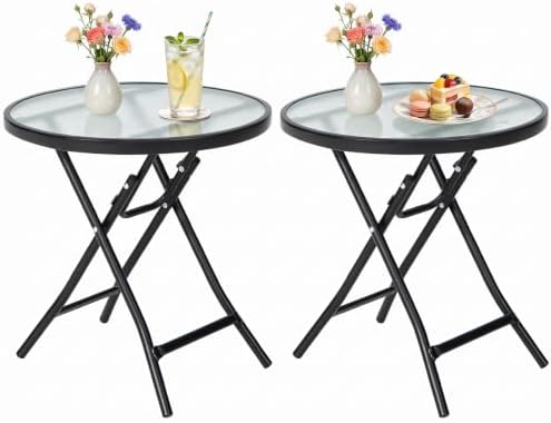 GIANTEX Folding Side Table w/Tempered Glass Tabletop & Metal Frame Set of 2 by Giantex