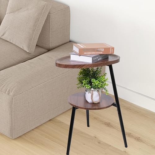 Side Table Small End Table, Oval Round Wood Sofa Table, 2 Tier Accent Table Nightstand Bedside Table with Metal Frame for Living Room, Bedroom, Small Spaces (Rustic Brown) - Image 2