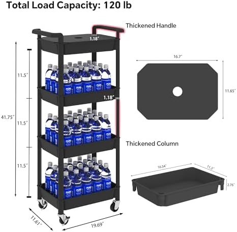 STEEHOOM 4 Tier Rolling Cart with Handle, Utility Cart with Table Top Easy Assembly Bathroom Storage Cart on Wheels for Office, Living Room, Kitchen, Craft Room, Black - Image 2