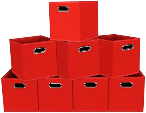 Fabric storage bins Cubes, Fabric Cube Organizer with Handle, Foldable Cube Bins for Cloth or Accessary Storage, 11x11x11, Set of 8, (Red) by Yunkeeper