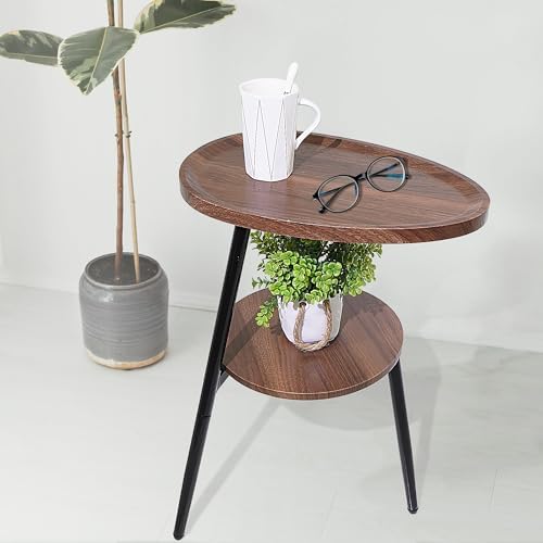Side Table Small End Table, Oval Round Wood Sofa Table, 2 Tier Accent Table Nightstand Bedside Table with Metal Frame for Living Room, Bedroom, Small Spaces (Rustic Brown) - Image 6