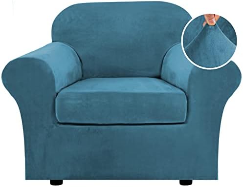 H.VERSAILTEX Rich Velvet Stretch 2 Piece Chair Cover Chair Slipcover Sofa Cover Furniture Protector Couch Soft with Elastic Bottom Chair Couch Cover with Arms Width Up to 49 Inch(Chair,Peacock Blue) by HVERSAILTEX
